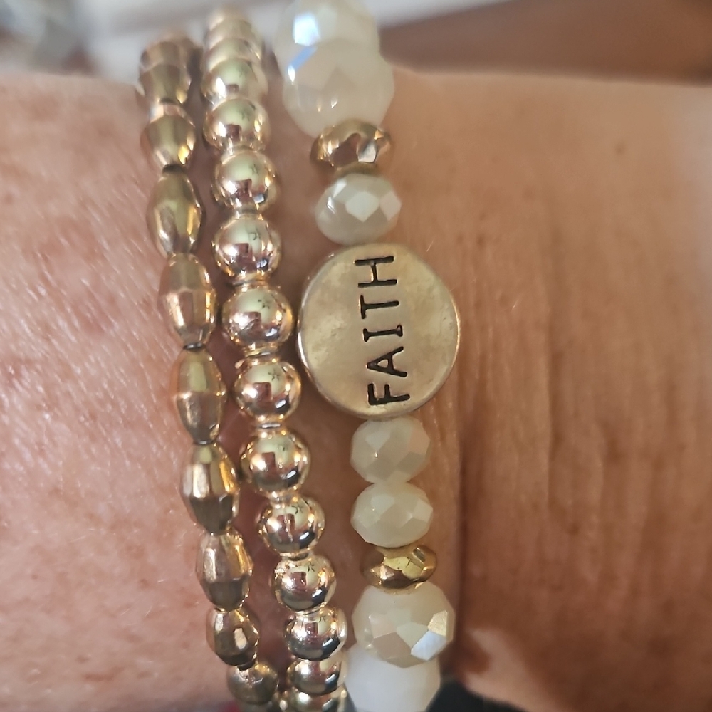 Gold and White Beaded Stackable Faith Bracelet Set